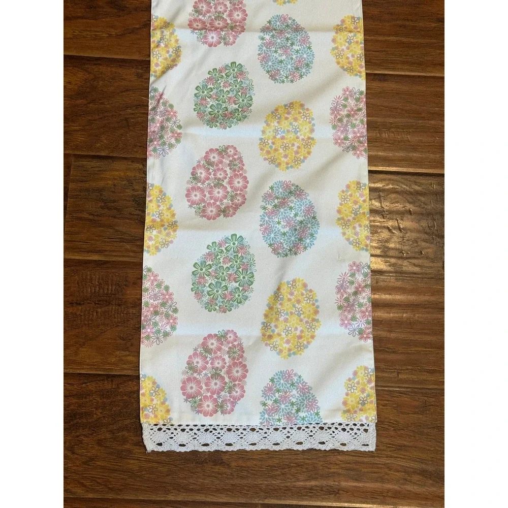 Vintage Easter Egg Table Runner 13x74 Floral Cottagecore Lace Trim Spring